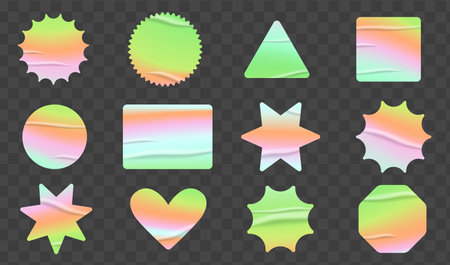 Holographic stickers set. Geometric shapes label with rainbow hologram and wrinkles. Vector elements for modern trend design.のイラスト素材