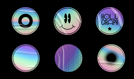 Holographic stickers set. Geometric shapes label with rainbow hologram and wrinkles. Vector elements for modern trend design.のイラスト素材