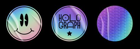 Holographic stickers set. Geometric shapes label with rainbow hologram and wrinkles. Vector elements for modern trend design.のイラスト素材