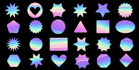 Holographic stickers set. Geometric shapes label with rainbow hologram and wrinkles. Vector elements for modern trend design.の写真素材