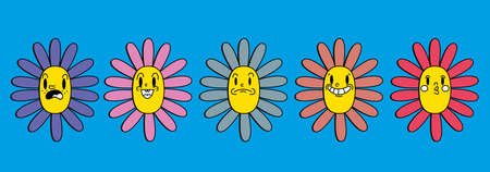 Retro 30s cartoon and comics characters faces. Traditional mascot emotions stickers. Vintage characters for trending illustration.のイラスト素材