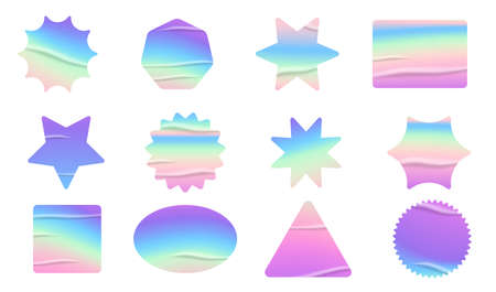 Holographic stickers set. Geometric shapes label with rainbow hologram. Vector elements for modern trend design.のイラスト素材