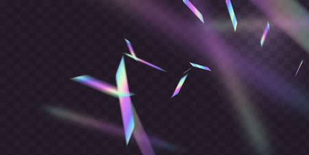 Holographic flying confetti overlay. Rainbow bokeh with light glitch effect on transparent background. Trend vector mesh foil design.のイラスト素材