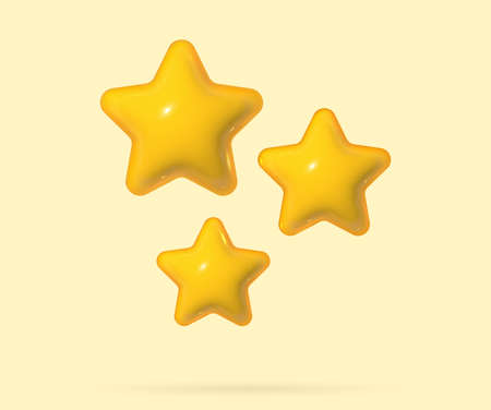 3d star in realistic cartoon style. Three yellow star for dreaming concept. Soft pop vector render...