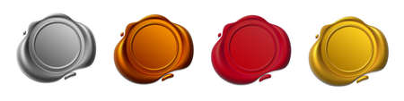 Seal wax 3d. Gold, silver, cooper and red Wax candle stamp. Realistic vector render design elements.のイラスト素材