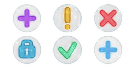 Set of 3d vector render icons. Checkmark, cross sign, lock and exclamation mark. Bright glossy glass design elementsのイラスト素材