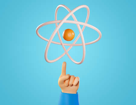 3d atom model with pointing human hand poster. Education icon. Realistic 3d high quality renderの写真素材