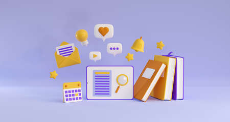 3d education concept poster for university and school. Stack of the books, calendar, the tablet, speech bubbles, stars, bell and note flying on violet background. Realistic 3d high quality renderの写真素材