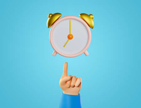 3d Alarm clock with golden elements and pointing human hand. Concept of business idea, education or...