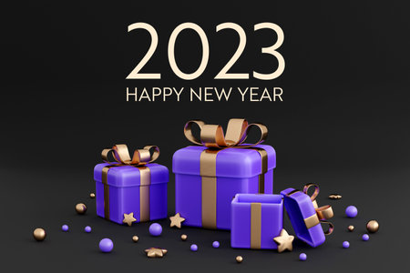Realistic violet gift box with golden ribbon bow background. Concept of new year holiday and...