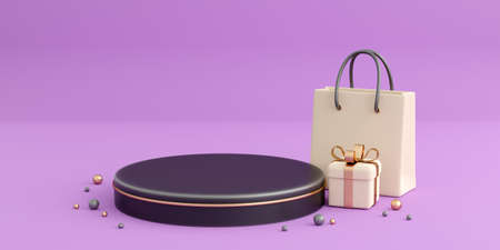 Realistic white gift boxes with paper shopping bag and black podium on violet background. Concept of...