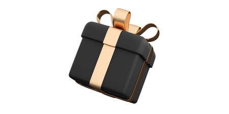 Realistic black gift box with golden ribbon bow. Concept of abstract holiday, birthday or wedding...