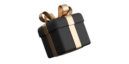 Realistic black gift box with golden ribbon bow. Concept of abstract holiday, birthday or wedding...