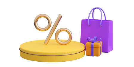 Realistic orange gift boxes with violet paper shopping bag and yellow podium with percent background. Concept of black friday or christmas sales, present or surprise. 3d high quality renderの写真素材