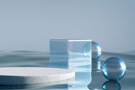Stone podium on blue water glass background. Concept of shop product or cosmetic display stands,...