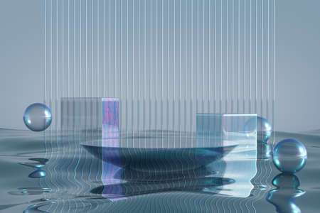 Glass podium on blue water background. Concept of shop product or cosmetic display stands, skincare and medicine advertisement mock up. High quality 3d render.の写真素材