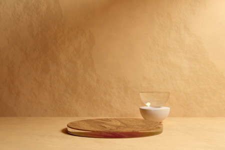 Beige stone room with glass podium with wooden top and half-sphere. Concept of shop product or cosmetic display stand background, skincare advertisement mock up. High quality 3d render.の写真素材