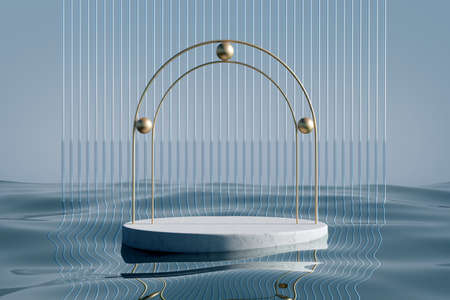 Stone podium with gold arch on blue water glass background. Concept of shop product or cosmetic...