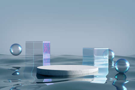 Stone podium on blue water glass background. Concept of shop product or cosmetic display stands,...