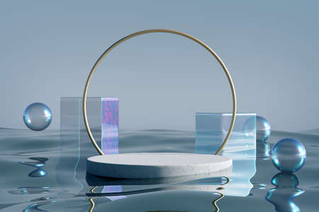 Stone podium with gold arch on blue water glass background. Concept of shop product or cosmetic display stands, skincare and medicine advertisement mock up. High quality 3d render.の写真素材