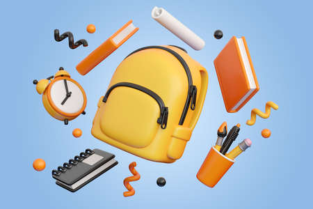 Concept of back to school, learning and onlline education banners. Backpack flying with writing...