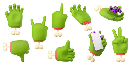 3d zombie hands set in plastic cartoon style. Different fingers and palm gesture. Green monster Halloween character palms with bones. High quality isolated renderの写真素材