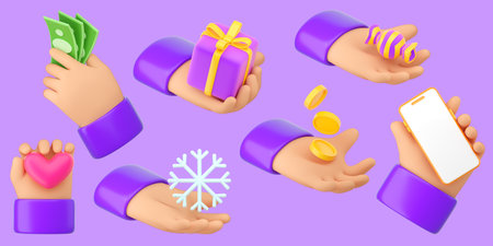 Human hands gestures set in plastic cartoon style. Holding money, gift, candy, heart, snowflake and...
