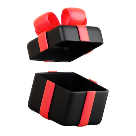 Realistic black gift box with red ribbon bow. Concept of abstract holiday, birthday, Christmas or...