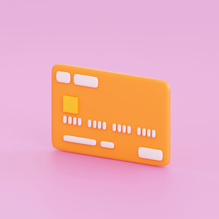 3d bank orange credit card. Online payment, mobile banking, transaction and shopping concept. High quality isolated renderの写真素材