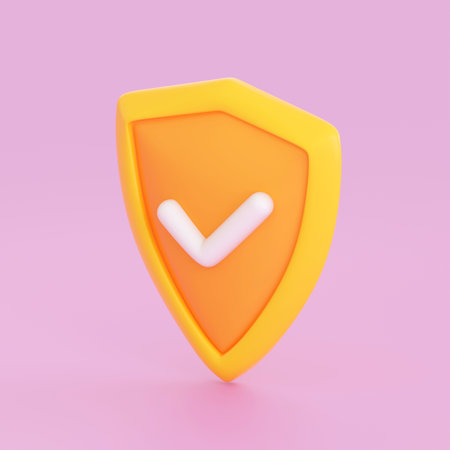 3d orange shield with check mark. Internet Security, guarantee, privacy protection and cyber safety concept. Realistic 3d high quality renderの写真素材