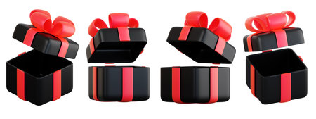 Realistic black gift box set with red ribbon bow. Concept of abstract holiday, birthday, Christmas or Black Friday present or surprise. 3d high quality isolated renderの写真素材