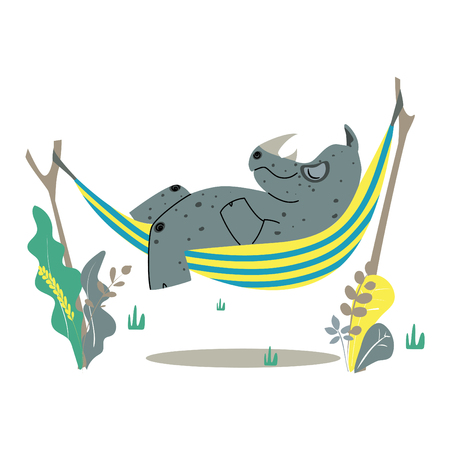 Cute rhino sleeping in a hammock in the summerのイラスト素材