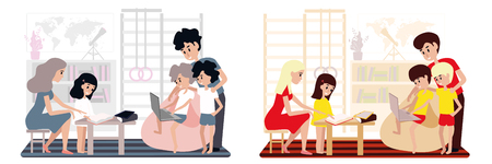 Homeschooling in the family. Homeschooling in the family. Mom and dad School at home, parents deal with children.のイラスト素材