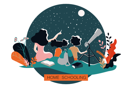 Home schooling. Education app. Looking through a telescope. Children in the children's camp.のイラスト素材