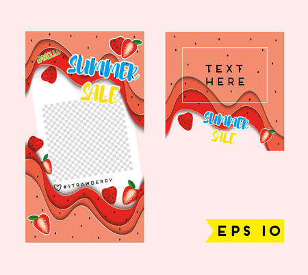 Template for a social network, for advertising sales. Paper style. Strawberry stickers. Vector.のイラスト素材