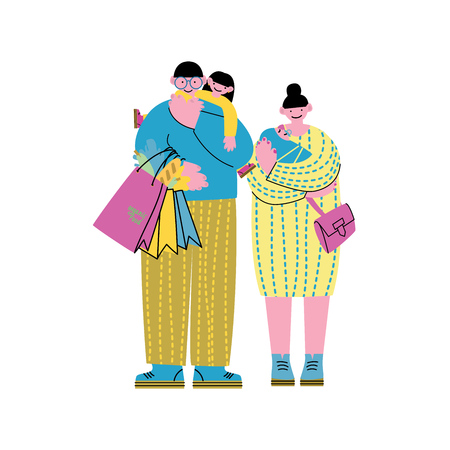 Family - two parents and two children return with purchases from the store. 4 years old dad's neck. Flat color vector.のイラスト素材