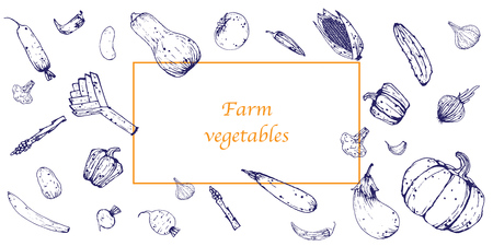 Template natural vegetables. Eco products from the farm. Vector. Vintage style. Wallpaper, white background.のイラスト素材