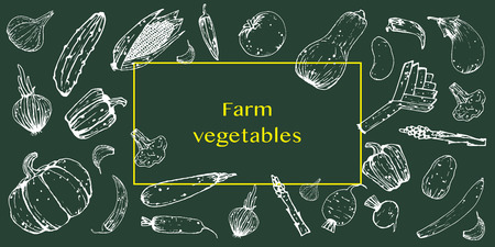 Template natural vegetables. Eco products from the farm. Vector. Vintage style. Wallpaper, dark background.のイラスト素材