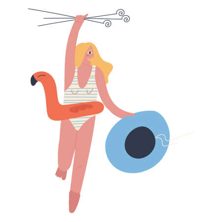 Woman running around in a swimsuit with an inflatable lap. Girl on vacation, vector flat isolated illustration. . Vector illustrationのイラスト素材
