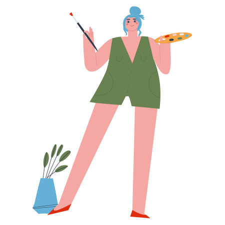 Girl with brush and paint standing. Artist with blue hair. Flat vector illustration.のイラスト素材