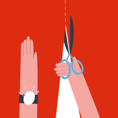 A hand with scissors cuts fabric along a dotted line. Flat vector illustration. Vector illustrationのイラスト素材