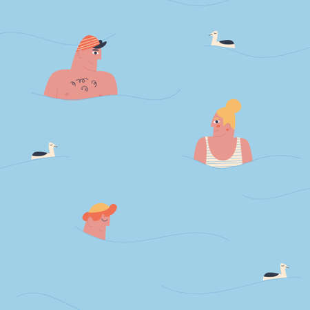 A man and a woman sit in the water. Seagulls sway on the waves. Flat vector illustration. Vector illustrationのイラスト素材