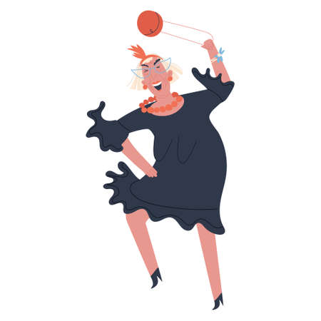 Jolly old woman in a dress dancing waving her purse. Flat vector illustration on white background. Vector illustrationのイラスト素材