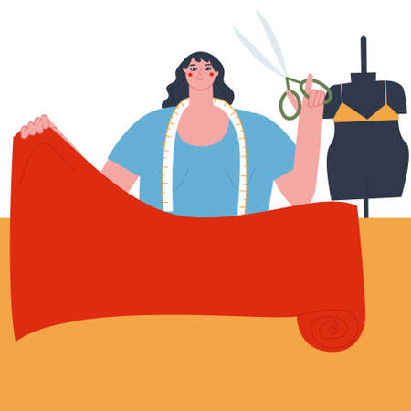 A woman with a centimeter around her neck and large scissors in her hand prepares to cut a clump of fabric from a roll. Flat vector illustration. Vector illustrationのイラスト素材