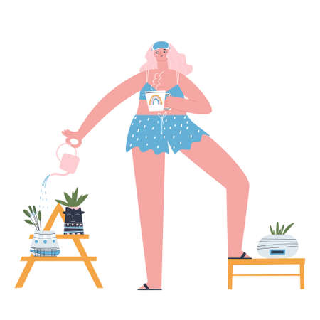 A girl in pajamas is drinking her morning coffee and watering her houseplants from a small watering can. Stylish flat vector illustration. Vector illustrationのイラスト素材