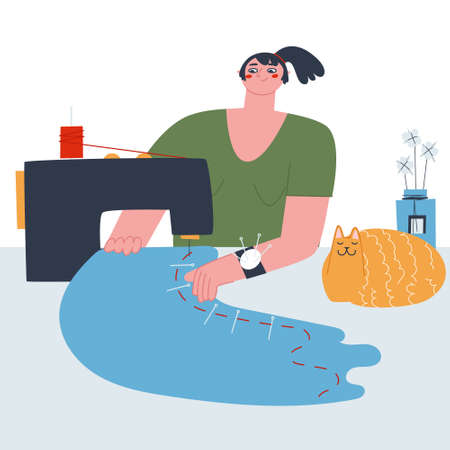 A seamstress works on a sewing machine. Fashion designer stitching on fabric in the atelier. Flat vector illustration. Vector illustrationのイラスト素材