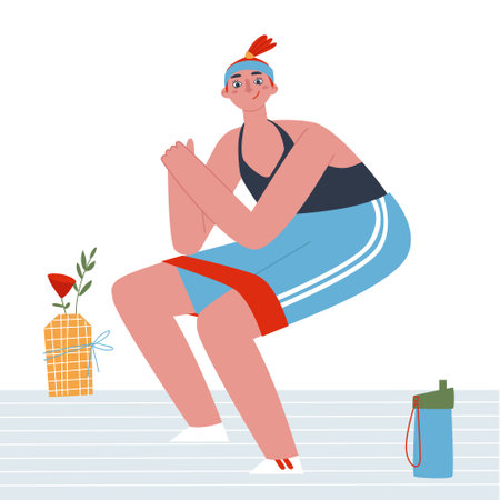 Athletic girl squatting with a rubber band. Body exercises. Flat vector illustration. Vector illustrationのイラスト素材