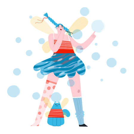 A girl in a fairy costume with transparent wings blows soap bubbles. Cat with fairy wings sitting. Stylish flat vector illustration. . Vector illustrationのイラスト素材