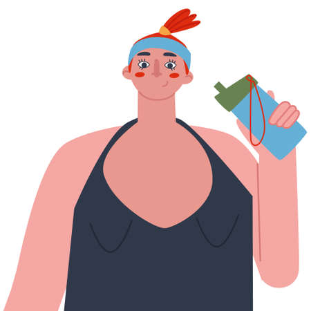 Athletic girl with headband and water bottle in hand, portrait. Flat vector illustration. Vector illustrationのイラスト素材