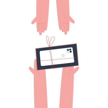 A box with a new phone is passed from hand to hand. Sale of the phone as a gift. Flat vector illustration.のイラスト素材